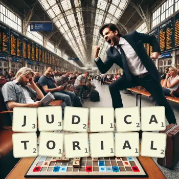 Creative illustration for a Scrabble game with the word JUDICATORIAL spelled out in tiles on the board.
