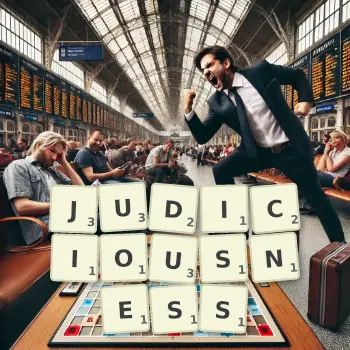 Creative illustration for a Scrabble game with the word JUDICIOUSNESS spelled out in tiles on the board.