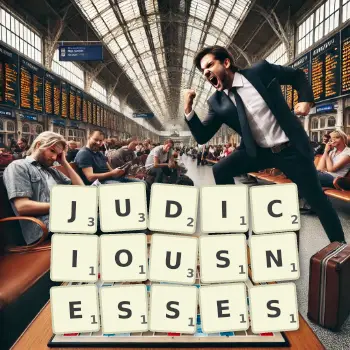 Creative illustration for a Scrabble game with the word JUDICIOUSNESSES spelled out in tiles on the board.