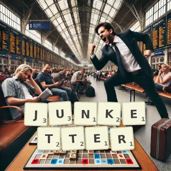 Creative illustration for a Scrabble game with the word JUNKETTER spelled out in tiles on the board.