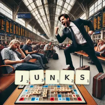 Creative illustration for a Scrabble game with the word JUNKS spelled out in tiles on the board.