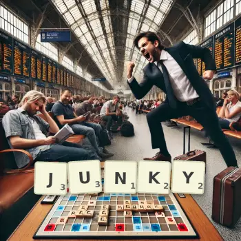 Creative illustration for a Scrabble game with the word JUNKY spelled out in tiles on the board.