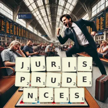 Creative illustration for a Scrabble game with the word JURISPRUDENCES spelled out in tiles on the board.
