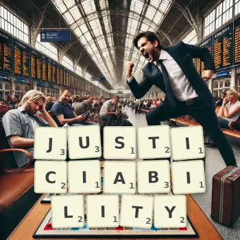 Creative illustration for a Scrabble game with the word JUSTICIABILITY spelled out in tiles on the board.