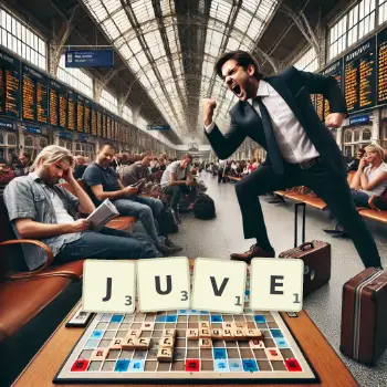 Creative illustration for a Scrabble game with the word JUVE spelled out in tiles on the board.