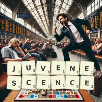 Creative illustration for a Scrabble game with the word JUVENESCENCE spelled out in tiles on the board.