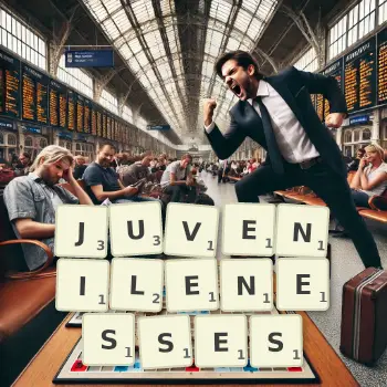 Creative illustration for a Scrabble game with the word JUVENILENESSES spelled out in tiles on the board.