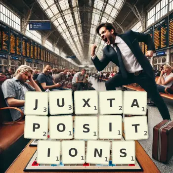 Creative illustration for a Scrabble game with the word JUXTAPOSITIONS spelled out in tiles on the board.