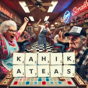 Creative illustration for a Scrabble game with the word KAHIKATEAS spelled out in tiles on the board.