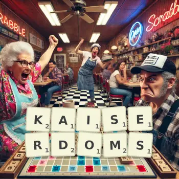 Creative illustration for a Scrabble game with the word KAISERDOMS spelled out in tiles on the board.