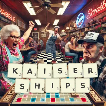 Creative illustration for a Scrabble game with the word KAISERSHIPS spelled out in tiles on the board.