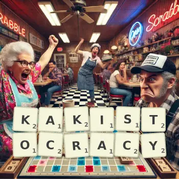 Creative illustration for a Scrabble game with the word KAKISTOCRACY spelled out in tiles on the board.