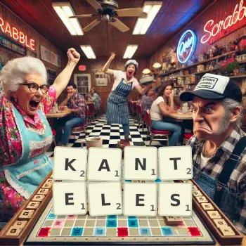 Creative illustration for a Scrabble game with the word KANTELES spelled out in tiles on the board.
