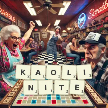 Creative illustration for a Scrabble game with the word KAOLINITE spelled out in tiles on the board.