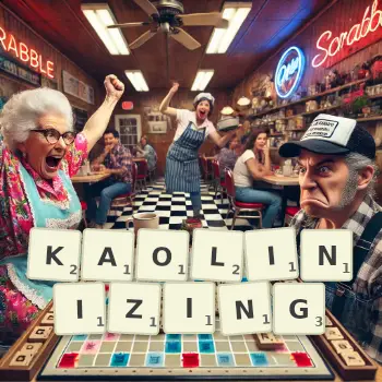 Creative illustration for a Scrabble game with the word KAOLINIZING spelled out in tiles on the board.