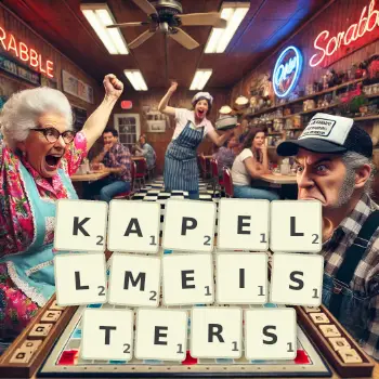 Creative illustration for a Scrabble game with the word KAPELLMEISTERS spelled out in tiles on the board.