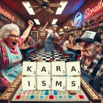 Creative illustration for a Scrabble game with the word KARAISMS spelled out in tiles on the board.