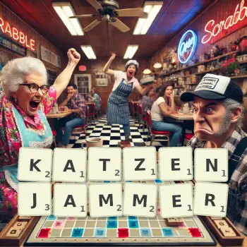 Creative illustration for a Scrabble game with the word KATZENJAMMER spelled out in tiles on the board.