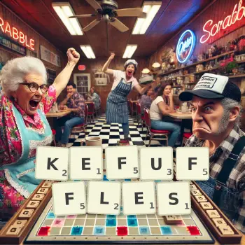 Creative illustration for a Scrabble game with the word KEFUFFLES spelled out in tiles on the board.