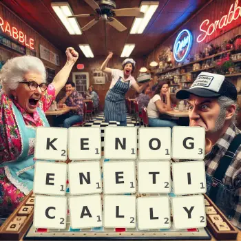 Creative illustration for a Scrabble game with the word KENOGENETICALLY spelled out in tiles on the board.