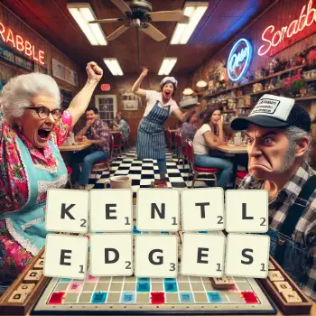 Creative illustration for a Scrabble game with the word KENTLEDGES spelled out in tiles on the board.