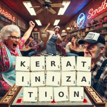 Creative illustration for a Scrabble game with the word KERATINIZATION spelled out in tiles on the board.