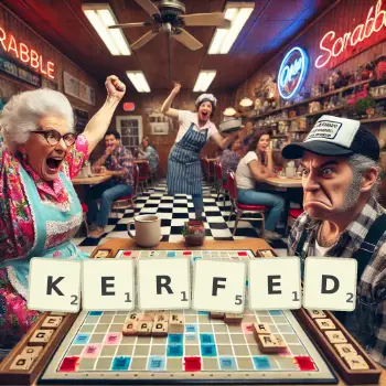 Creative illustration for a Scrabble game with the word KERFED spelled out in tiles on the board.