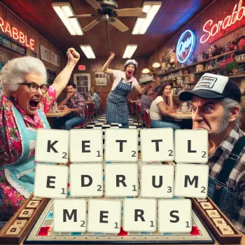 Creative illustration for a Scrabble game with the word KETTLEDRUMMERS spelled out in tiles on the board.