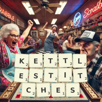 Creative illustration for a Scrabble game with the word KETTLESTITCHES spelled out in tiles on the board.