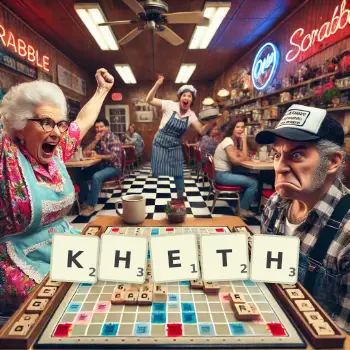 Creative illustration for a Scrabble game with the word KHETH spelled out in tiles on the board.