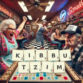 Creative illustration for a Scrabble game with the word KIBBUTZIM spelled out in tiles on the board.