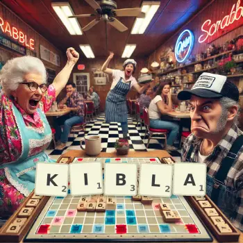 Creative illustration for a Scrabble game with the word KIBLA spelled out in tiles on the board.