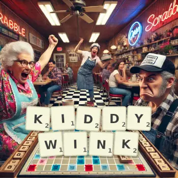 Creative illustration for a Scrabble game with the word KIDDYWINK spelled out in tiles on the board.