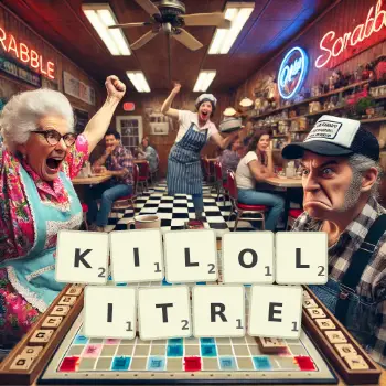 Creative illustration for a Scrabble game with the word KILOLITRE spelled out in tiles on the board.