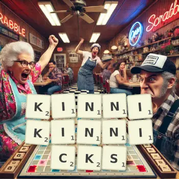Creative illustration for a Scrabble game with the word KINNIKINNICKS spelled out in tiles on the board.