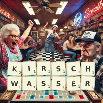 Creative illustration for a Scrabble game with the word KIRSCHWASSER spelled out in tiles on the board.