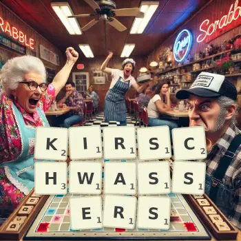 Creative illustration for a Scrabble game with the word KIRSCHWASSERS spelled out in tiles on the board.