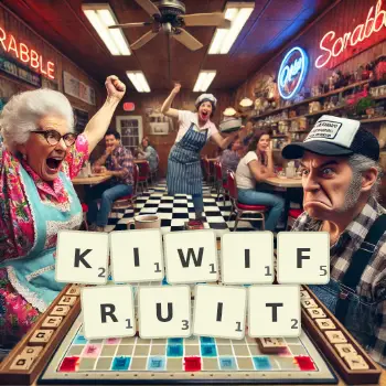 Creative illustration for a Scrabble game with the word KIWIFRUIT spelled out in tiles on the board.