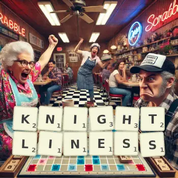 Creative illustration for a Scrabble game with the word KNIGHTLINESS spelled out in tiles on the board.