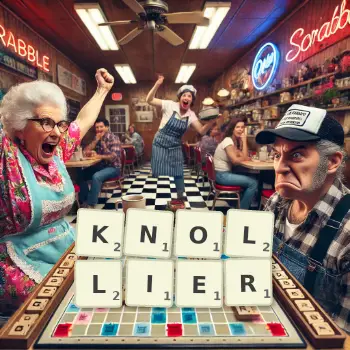 Creative illustration for a Scrabble game with the word KNOLLIER spelled out in tiles on the board.