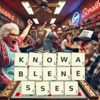 Creative illustration for a Scrabble game with the word KNOWABLENESSES spelled out in tiles on the board.