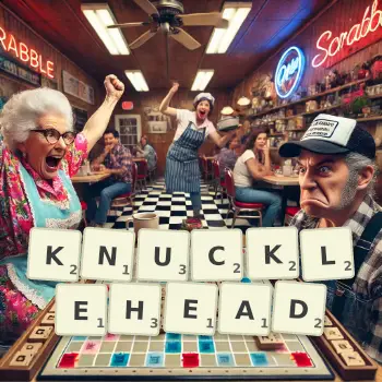 Creative illustration for a Scrabble game with the word KNUCKLEHEAD spelled out in tiles on the board.