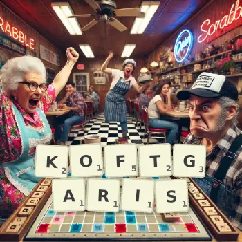 Creative illustration for a Scrabble game with the word KOFTGARIS spelled out in tiles on the board.