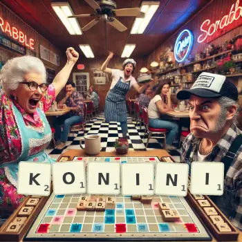 Creative illustration for a Scrabble game with the word KONINI spelled out in tiles on the board.