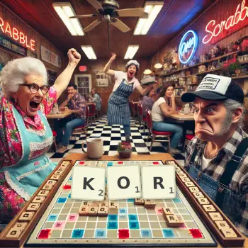 Creative illustration for a Scrabble game with the word KOR spelled out in tiles on the board.
