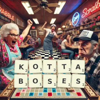 Creative illustration for a Scrabble game with the word KOTTABOSES spelled out in tiles on the board.