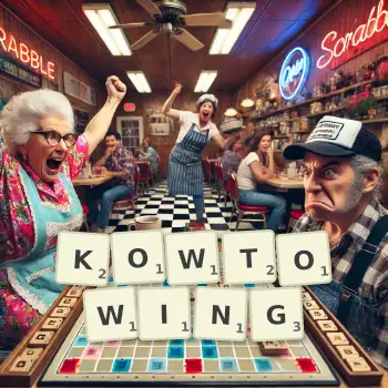 Creative illustration for a Scrabble game with the word KOWTOWING spelled out in tiles on the board.