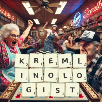Creative illustration for a Scrabble game with the word KREMLINOLOGIST spelled out in tiles on the board.