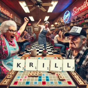 Creative illustration for a Scrabble game with the word KRILL spelled out in tiles on the board.