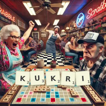 Creative illustration for a Scrabble game with the word KUKRI spelled out in tiles on the board.